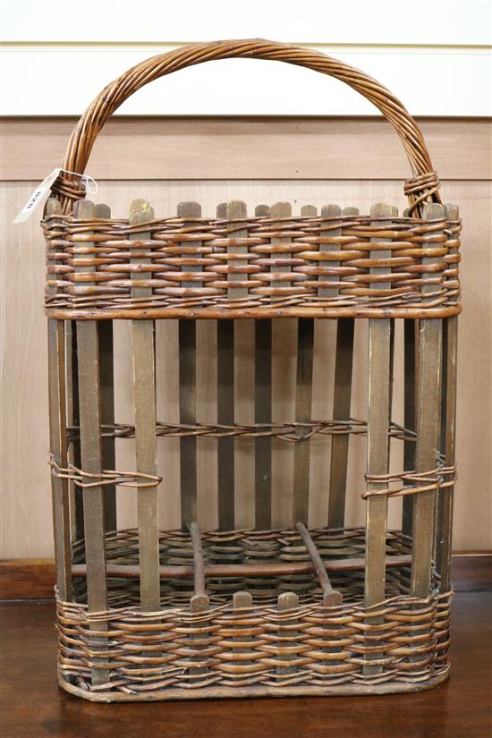 A wicker wine carrier